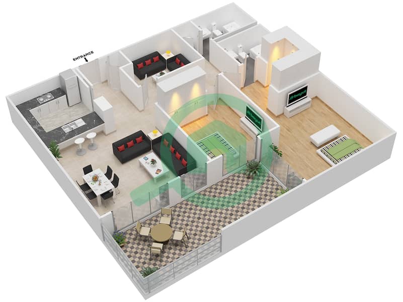 المخططات الطابقية لتصميم التصميم 18 شقة 2 غرفة نوم - برج توريا A interactive3D