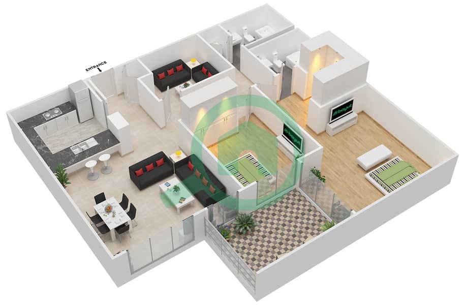 المخططات الطابقية لتصميم التصميم 18A شقة 2 غرفة نوم - برج توريا A interactive3D