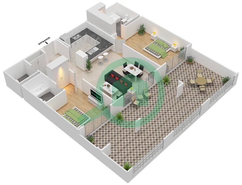 المخططات الطابقية لتصميم التصميم 19,21 شقة 2 غرفة نوم - برج توريا A interactive3D
