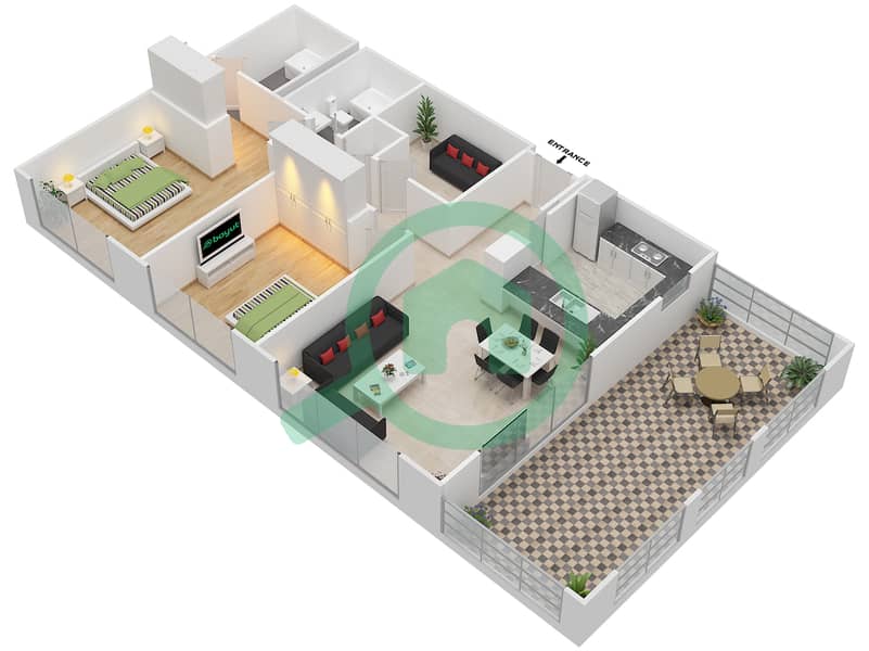 المخططات الطابقية لتصميم التصميم 26 شقة 2 غرفة نوم - برج توريا A interactive3D