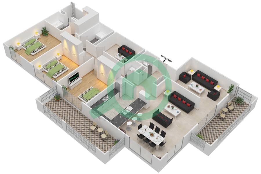 Тауэр Турья A - Апартамент 3 Cпальни планировка Гарнитур, анфилиада комнат, апартаменты, подходящий 3,16 interactive3D