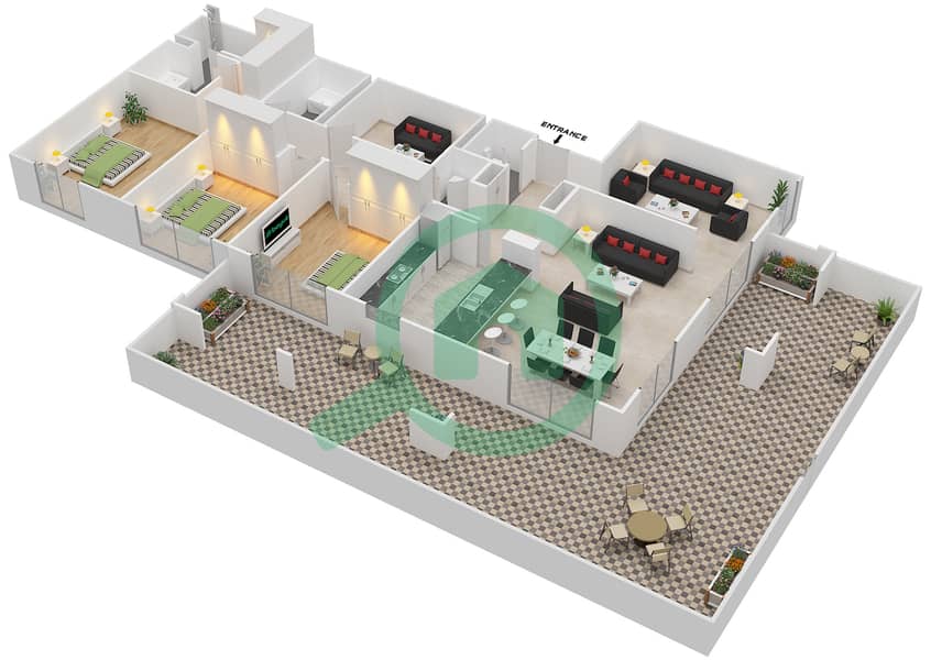 المخططات الطابقية لتصميم التصميم 3 شقة 3 غرف نوم - برج توريا A interactive3D