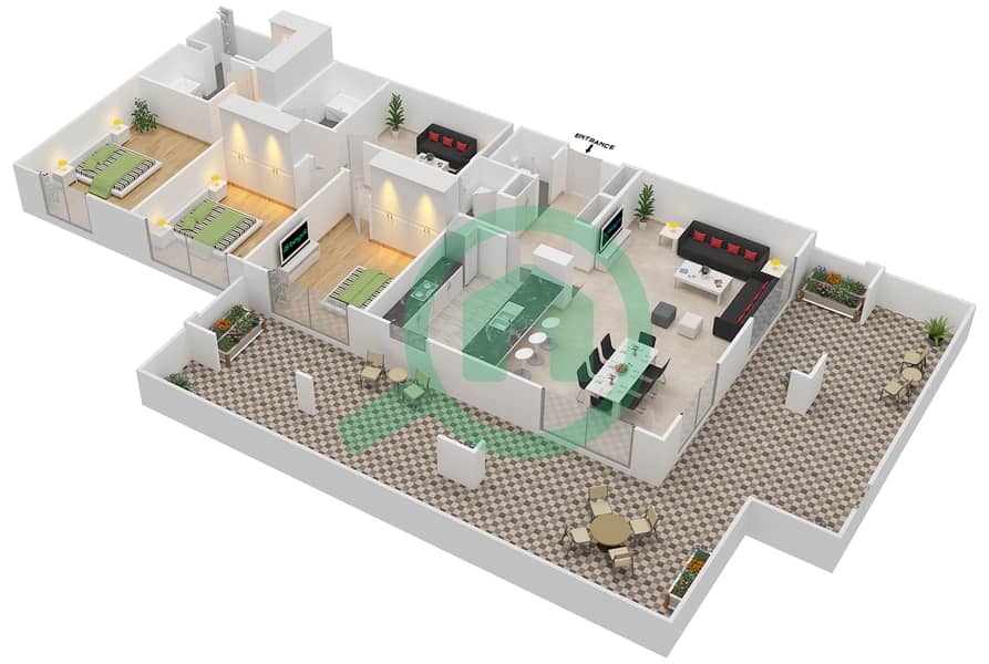 图里亚大厦A座 - 3 卧室公寓套房16戶型图 interactive3D