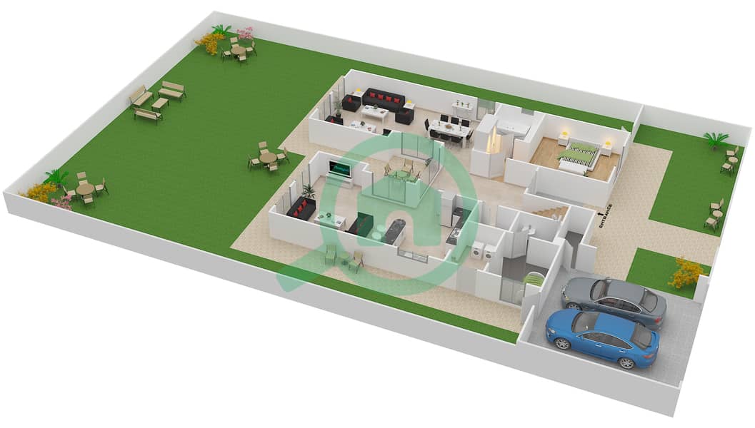 المخططات الطابقية لتصميم النموذج 6 فیلا 4 غرف نوم - السهول 2 Ground Floor interactive3D