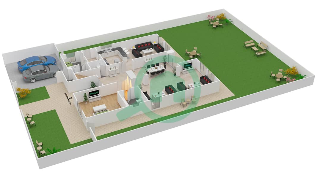 المخططات الطابقية لتصميم النموذج 7 فیلا 5 غرف نوم - السهول 2 Ground Floor interactive3D