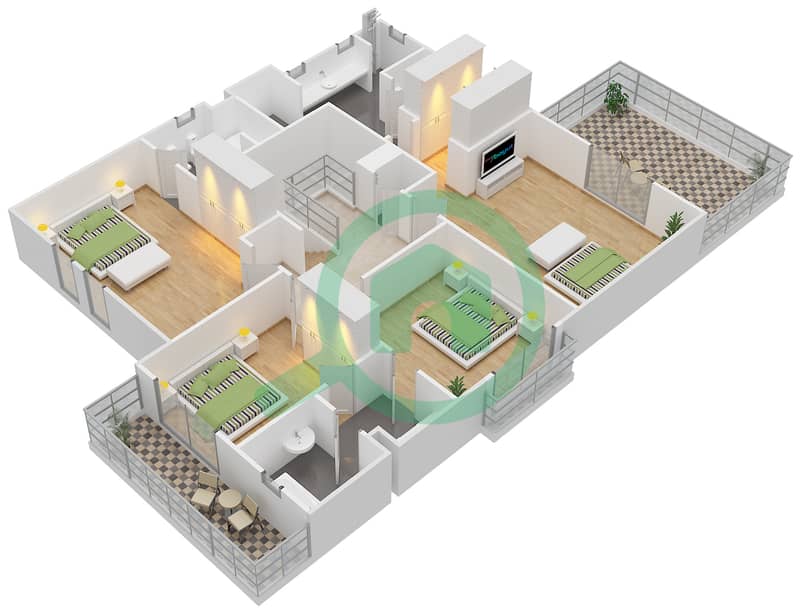 المخططات الطابقية لتصميم النموذج 2 فيلا تجارية 4 غرف نوم - السهول 2 First Floor interactive3D