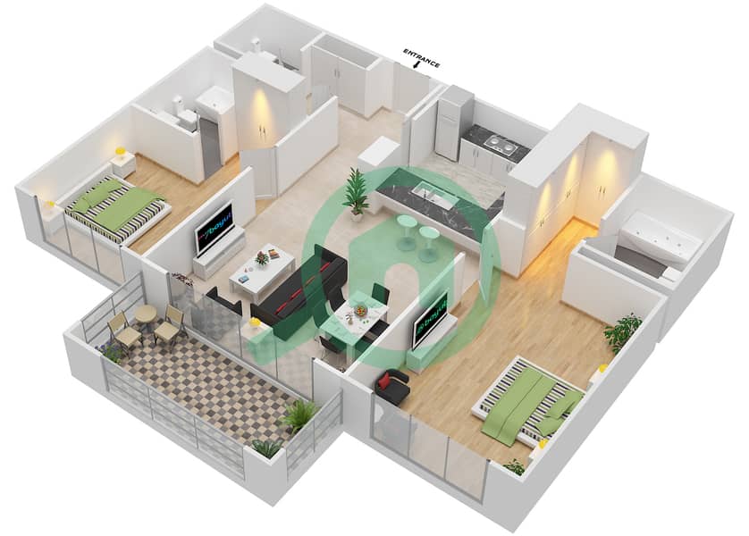 المخططات الطابقية لتصميم التصميم 12 شقة 2 غرفة نوم - برج توريا A interactive3D