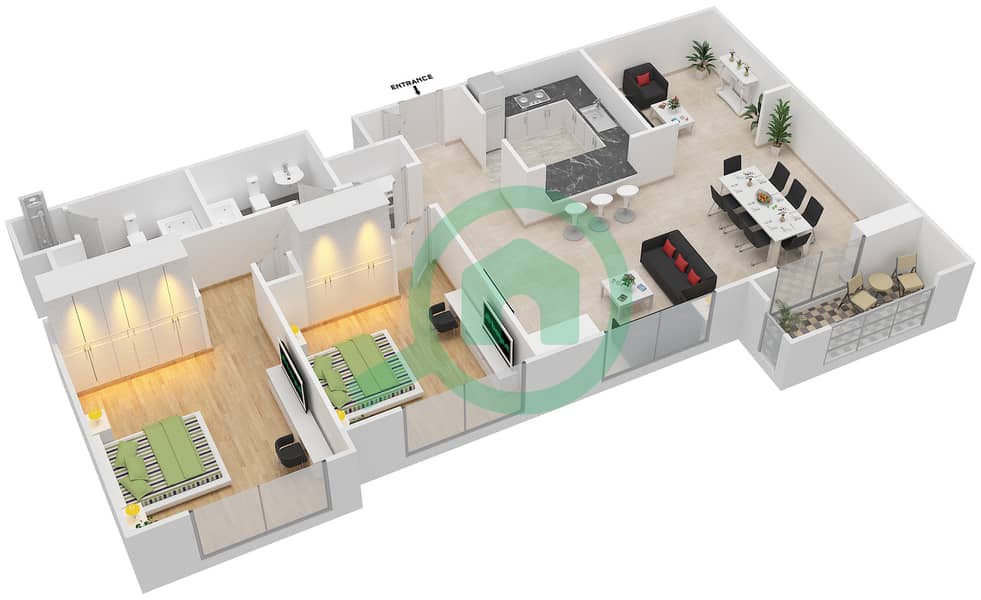 Танаро - Апартамент 2 Cпальни планировка Гарнитур, анфилиада комнат, апартаменты, подходящий 16/FLOOR 2-11 Floor 2-11 interactive3D
