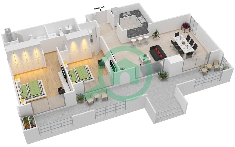 المخططات الطابقية لتصميم التصميم 01/FLOOR 1 شقة 2 غرفة نوم - تانارو Floor 1 interactive3D