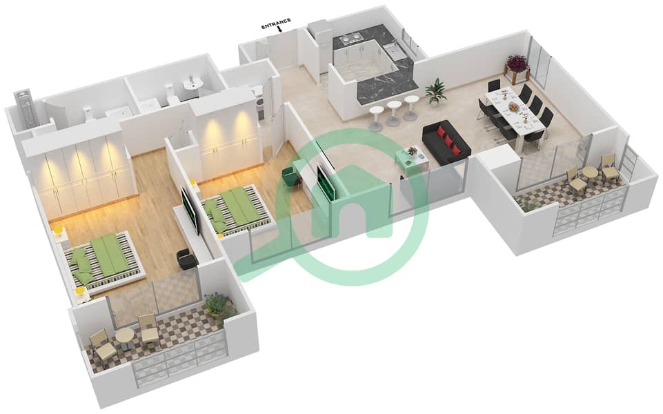 Танаро - Апартамент 2 Cпальни планировка Гарнитур, анфилиада комнат, апартаменты, подходящий 01/FLOOR 2 Floor 2 interactive3D