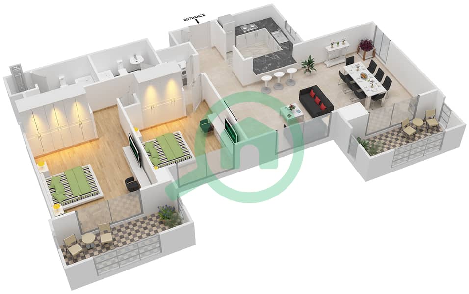 塔纳罗 - 2 卧室公寓套房01/FLOOR 4-16戶型图 Floor 4-16 interactive3D