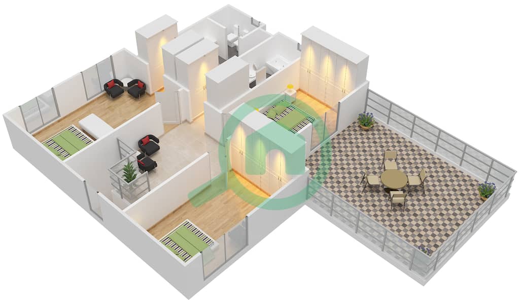 المخططات الطابقية لتصميم النموذج 3 فیلا 3 غرف نوم - السهول 3 First Floor interactive3D