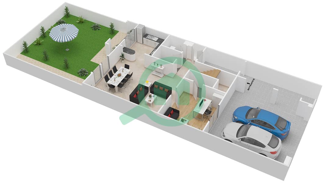 المخططات الطابقية لتصميم النموذج H MIDDLE UNIT فیلا 2 غرفة نوم - معين 1 Ground Floor interactive3D