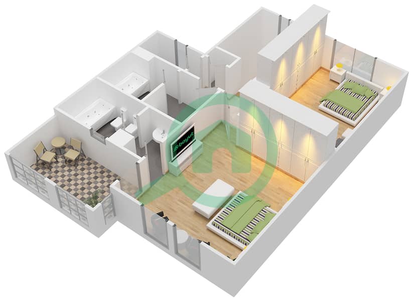 المخططات الطابقية لتصميم النموذج H MIDDLE UNIT فیلا 2 غرفة نوم - معين 1 First Floor interactive3D