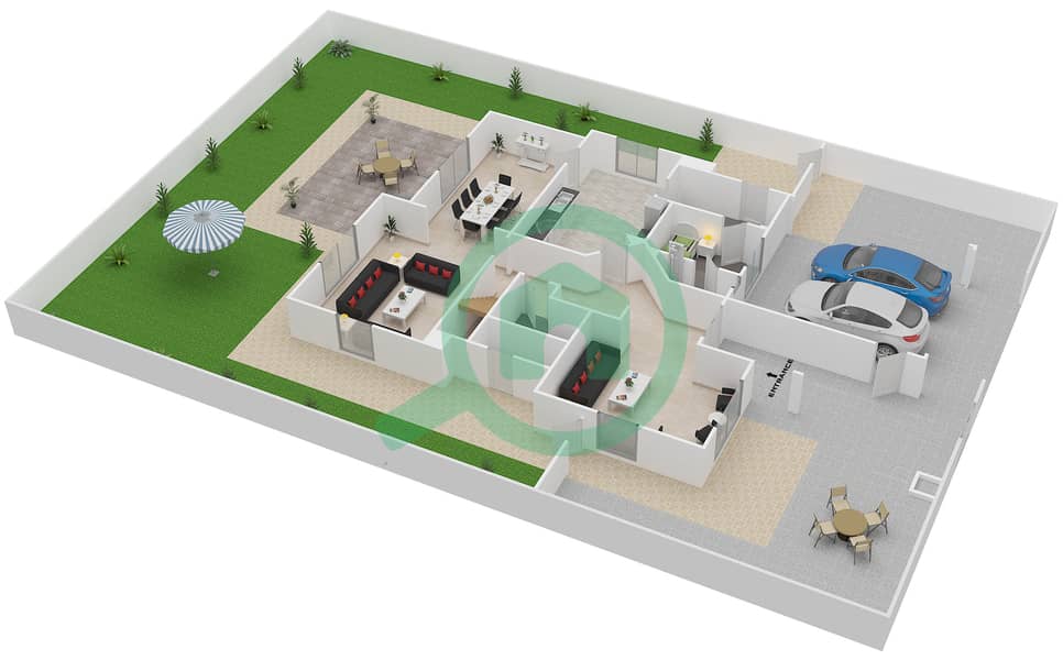 المخططات الطابقية لتصميم النموذج 18 فیلا 3 غرف نوم - معين 1 Ground Floor interactive3D
