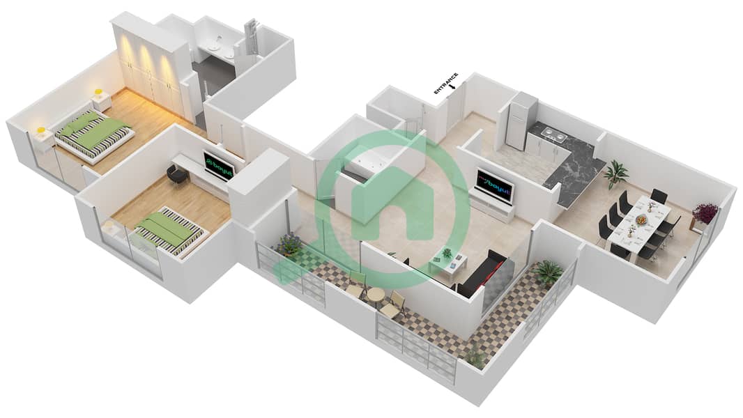 المخططات الطابقية لتصميم التصميم 05/FLOOR 12-16 شقة 2 غرفة نوم - تانارو Floor 12-16 interactive3D