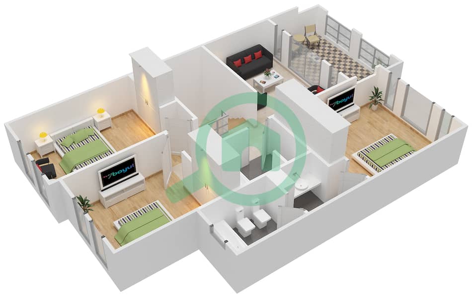 المخططات الطابقية لتصميم النموذج C MIDDLE UNIT فیلا 3 غرف نوم - معين 1 First Floor interactive3D