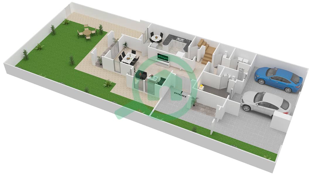 المخططات الطابقية لتصميم النموذج C END UNIT فیلا 3 غرف نوم - معين 1 Ground Floor interactive3D