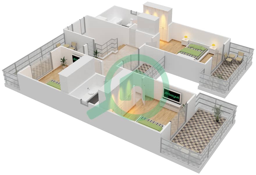 المخططات الطابقية لتصميم النموذج 17 فیلا 4 غرف نوم - معين 1 First Floor interactive3D