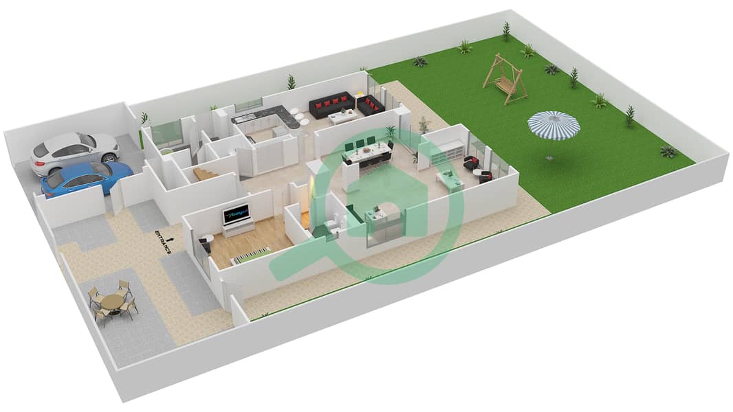 المخططات الطابقية لتصميم النموذج 7 فیلا 5 غرف نوم - معين 1 Ground Floor interactive3D