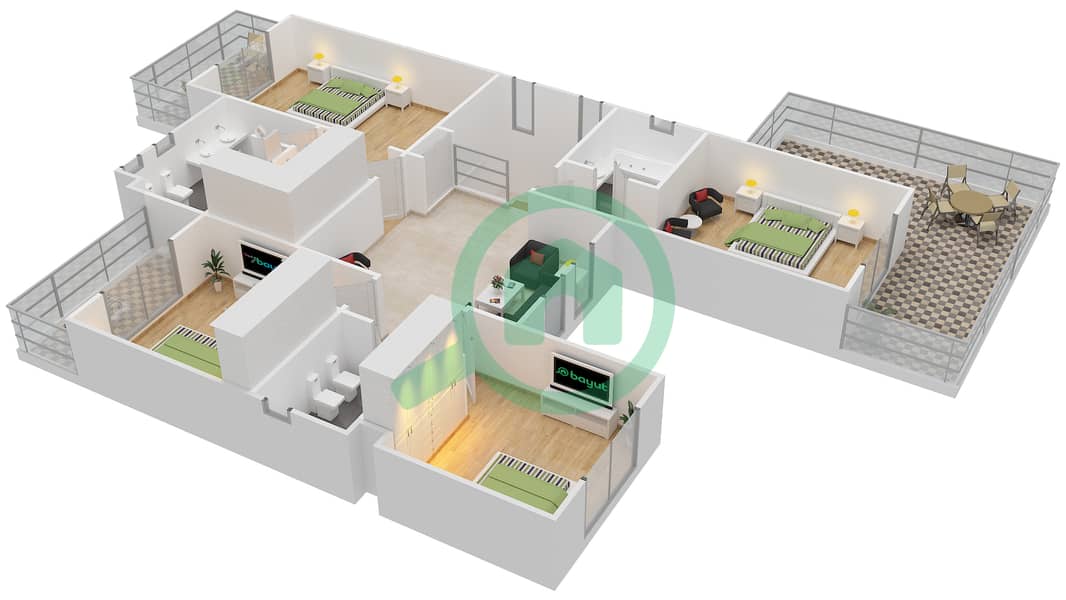 المخططات الطابقية لتصميم النموذج 16 فیلا 5 غرف نوم - معين 1 First Floor interactive3D
