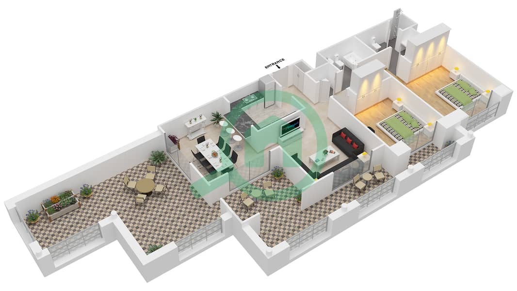 Танаро - Апартамент 2 Cпальни планировка Гарнитур, анфилиада комнат, апартаменты, подходящий 13/FLOOR 7 Floor 7 interactive3D