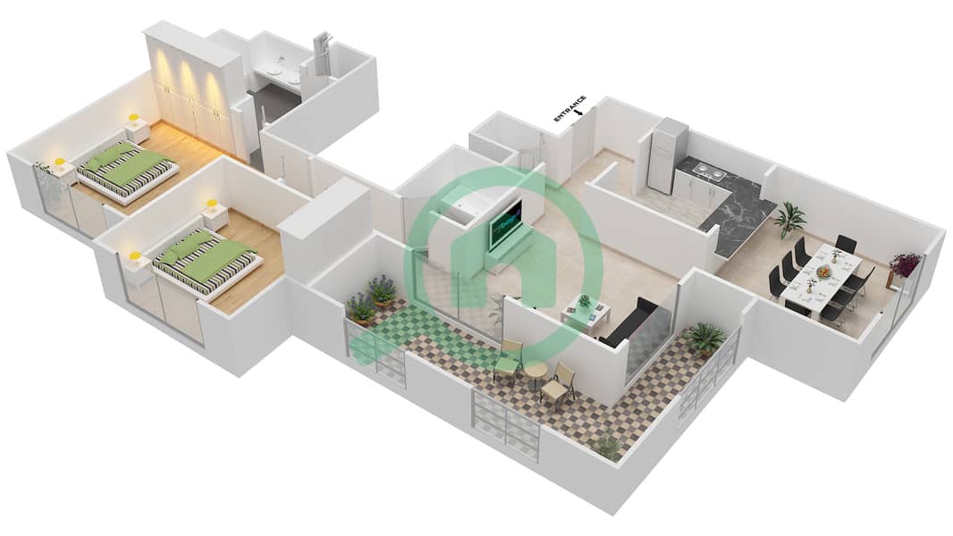 Танаро - Апартамент 2 Cпальни планировка Гарнитур, анфилиада комнат, апартаменты, подходящий 14/FLOOR 8-11 Floor 8-11 interactive3D