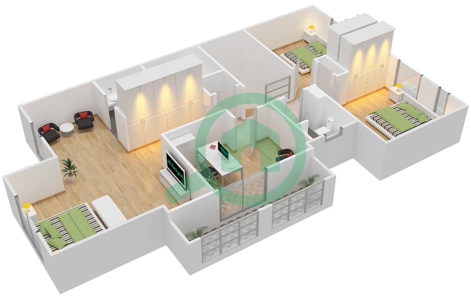 المخططات الطابقية لتصميم النموذج F END UNIT فیلا 3 غرف نوم - معين 2 First Floor interactive3D
