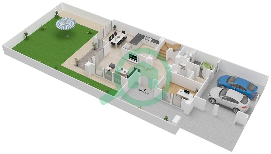 المخططات الطابقية لتصميم النموذج B END UNIT فیلا 3 غرف نوم - معين 2 Ground Floor interactive3D