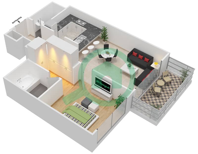 Фэйрвэйс Ист - Апартамент 1 Спальня планировка Гарнитур, анфилиада комнат, апартаменты, подходящий 5 Floor 2 interactive3D