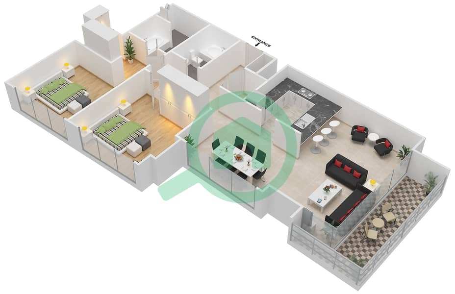 Фэйрвэйс Ист - Апартамент 2 Cпальни планировка Гарнитур, анфилиада комнат, апартаменты, подходящий 3 Floor 2 interactive3D
