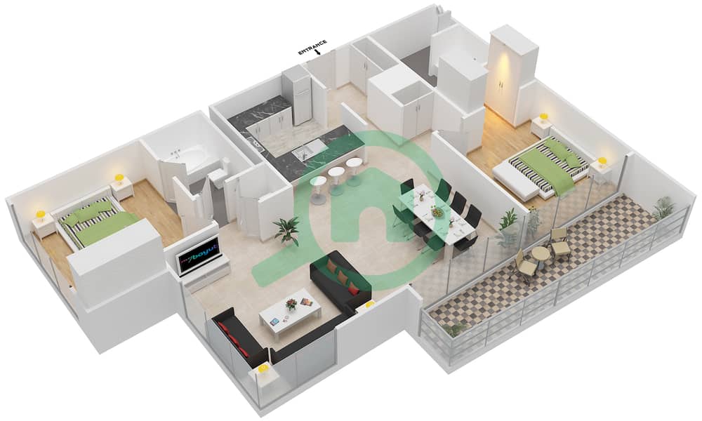 锦绣前程东 - 2 卧室公寓套房1戶型图 Floor 2 interactive3D