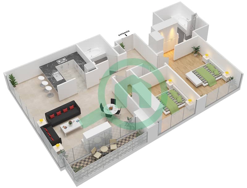Фэйрвэйс Ист - Апартамент 2 Cпальни планировка Гарнитур, анфилиада комнат, апартаменты, подходящий 4 Floor 2 interactive3D