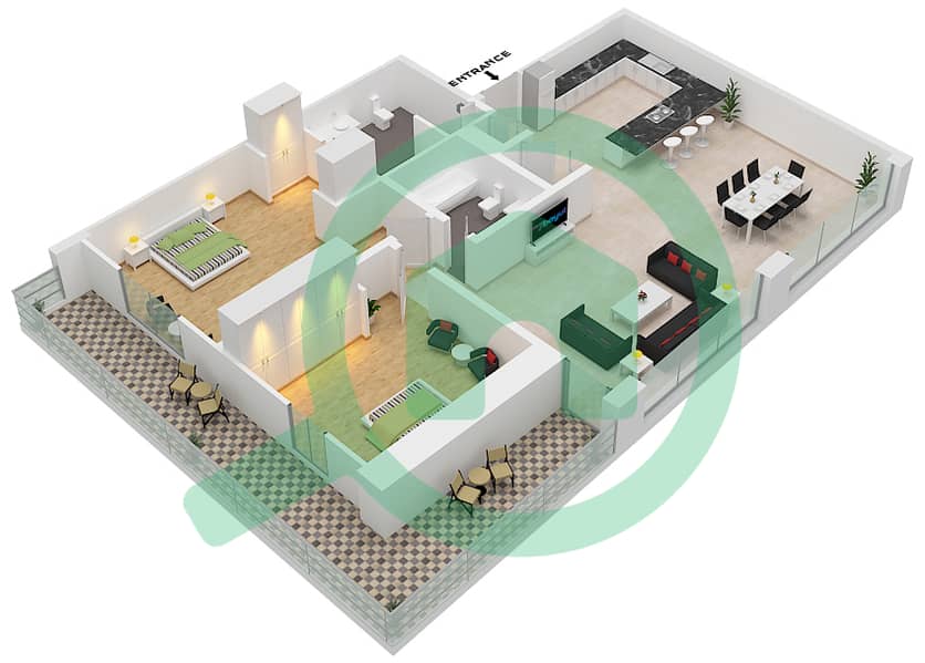 المخططات الطابقية لتصميم التصميم 1 شقة 2 غرفة نوم - ذا فيرويز ويست interactive3D
