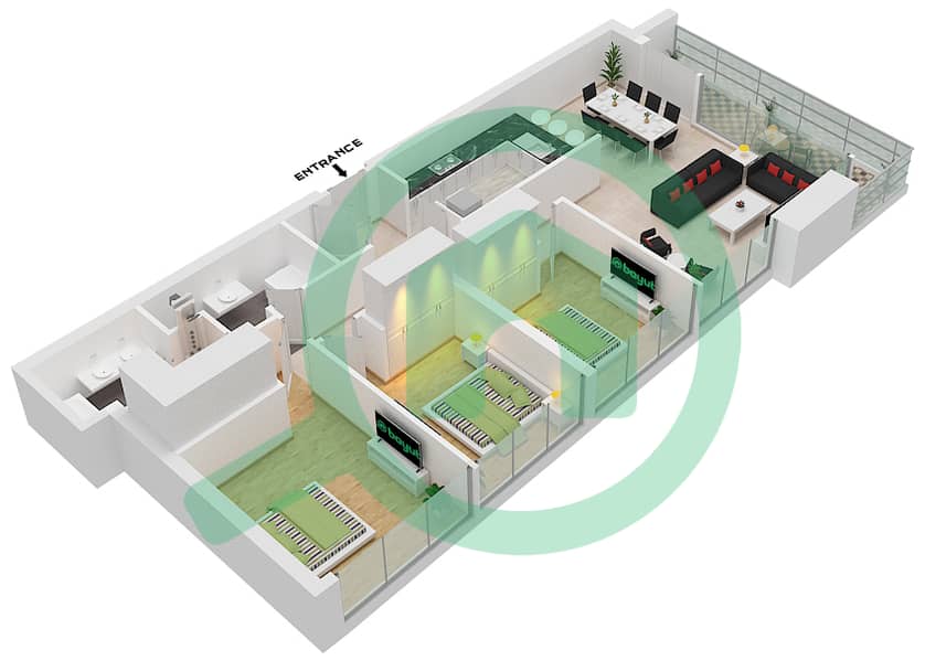 Фэйрвэйс Вест - Апартамент 3 Cпальни планировка Гарнитур, анфилиада комнат, апартаменты, подходящий 7 interactive3D