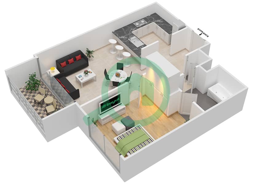 المخططات الطابقية لتصميم النموذج 3 شقة 1 غرفة نوم - ذا فيرويز نورث interactive3D