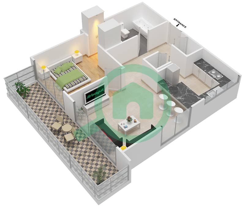 المخططات الطابقية لتصميم النموذج 2 شقة 1 غرفة نوم - ذا فيرويز نورث interactive3D