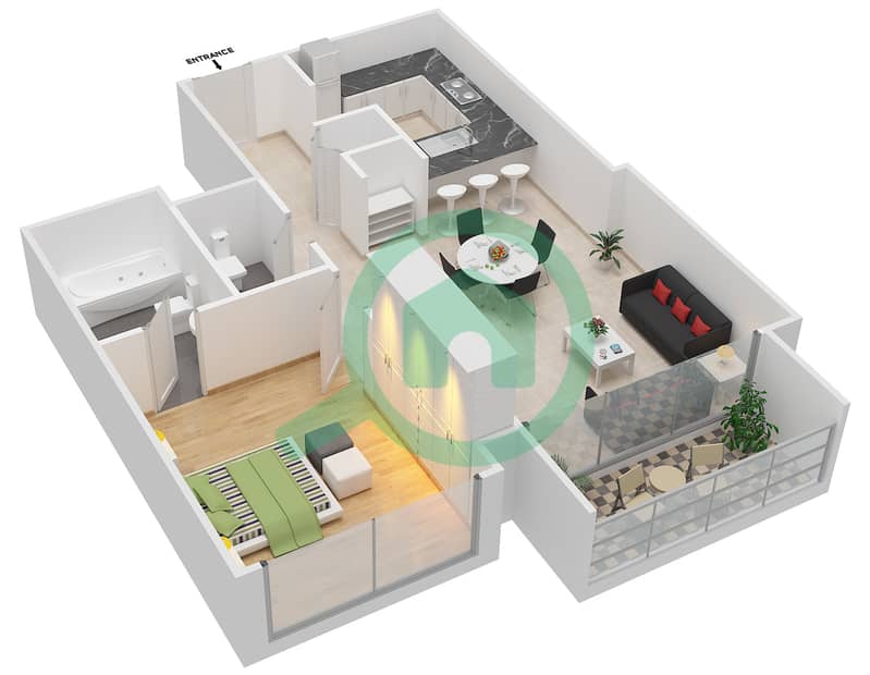 المخططات الطابقية لتصميم النموذج 1 شقة 1 غرفة نوم - ذا فيرويز نورث interactive3D