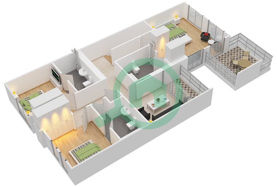 Гольф Виллы - Вилла 3 Cпальни планировка Гарнитур, анфилиада комнат, апартаменты, подходящий 3,5-8 Third Floor interactive3D
