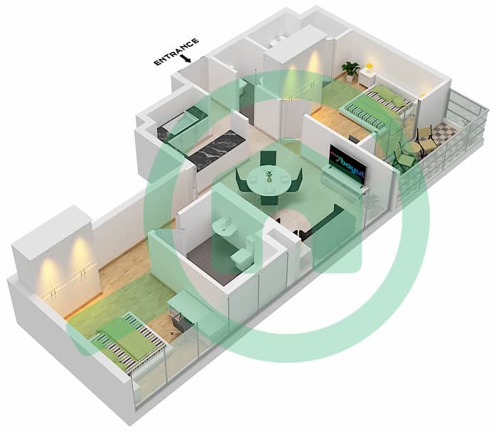 المخططات الطابقية لتصميم الوحدة 12,13-FLOOR 2,3-29 شقة 2 غرفة نوم - برج ميرانو Floor 2,3-29 interactive3D