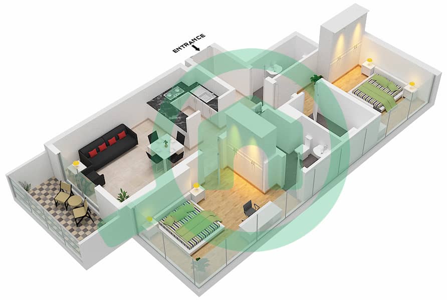 المخططات الطابقية لتصميم الوحدة 13-FLOOR 2 شقة 2 غرفة نوم - برج ميرانو Floor 2 interactive3D