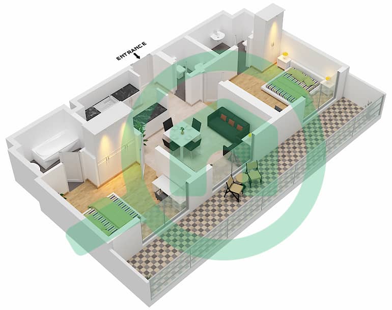 المخططات الطابقية لتصميم الوحدة 14,15-FLOOR 2,3-29 شقة 2 غرفة نوم - برج ميرانو Floor 2,3-29 interactive3D
