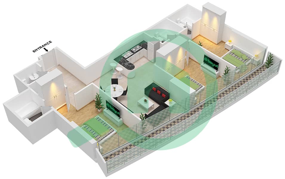 Marina Bay By DAMAC - 3 Bedroom Apartment Unit 514 Floor plan Floor-5th interactive3D