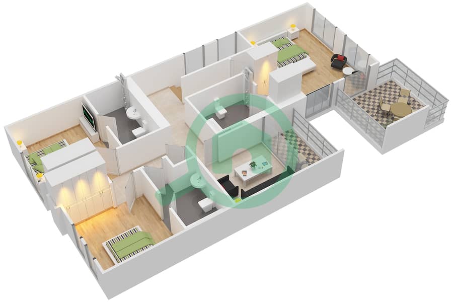 Гольф Виллы - Вилла 3 Cпальни планировка Гарнитур, анфилиада комнат, апартаменты, подходящий 9 Third Floor interactive3D