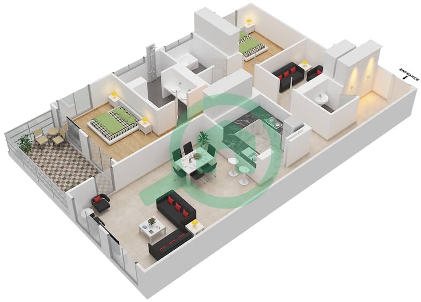 Гольф Виллы - Апартамент 2 Cпальни планировка Гарнитур, анфилиада комнат, апартаменты, подходящий 2 First Floor interactive3D