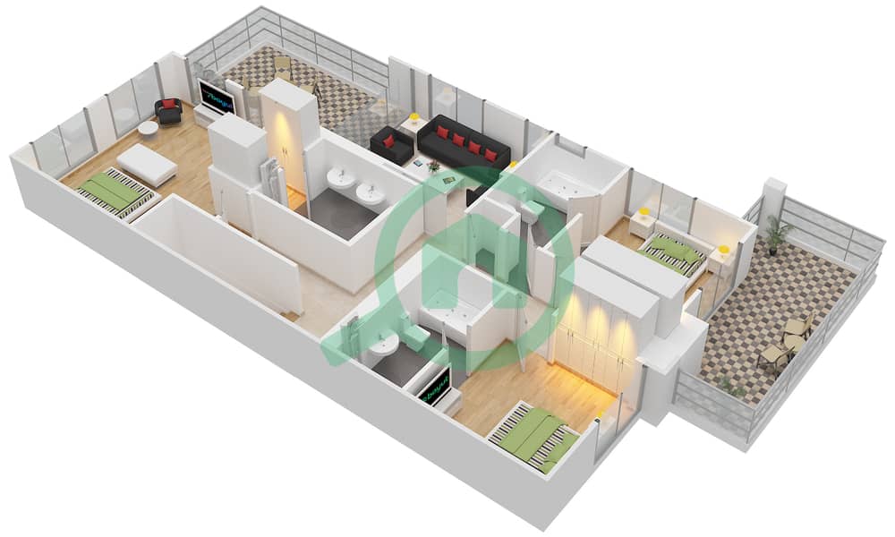 Гольф Виллы - Вилла 3 Cпальни планировка Гарнитур, анфилиада комнат, апартаменты, подходящий 1 Second Floor interactive3D
