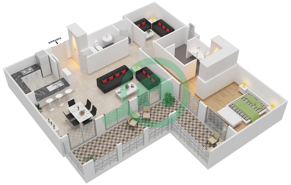 Гольф Виллы - Апартамент 1 Спальня планировка Гарнитур, анфилиада комнат, апартаменты, подходящий 1 First Floor interactive3D