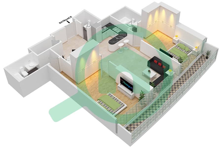 Marina Bay By DAMAC - 2 Bedroom Apartment Unit 602 Floor plan Floor-6th interactive3D