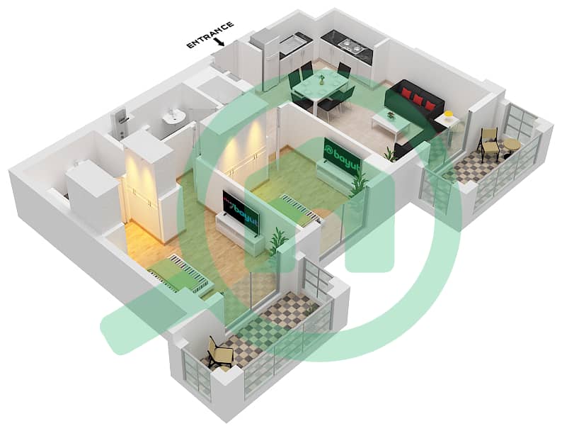 Лотус - Апартамент 2 Cпальни планировка Единица измерения 07-FLOOR 2-9 Floor 2-9 interactive3D