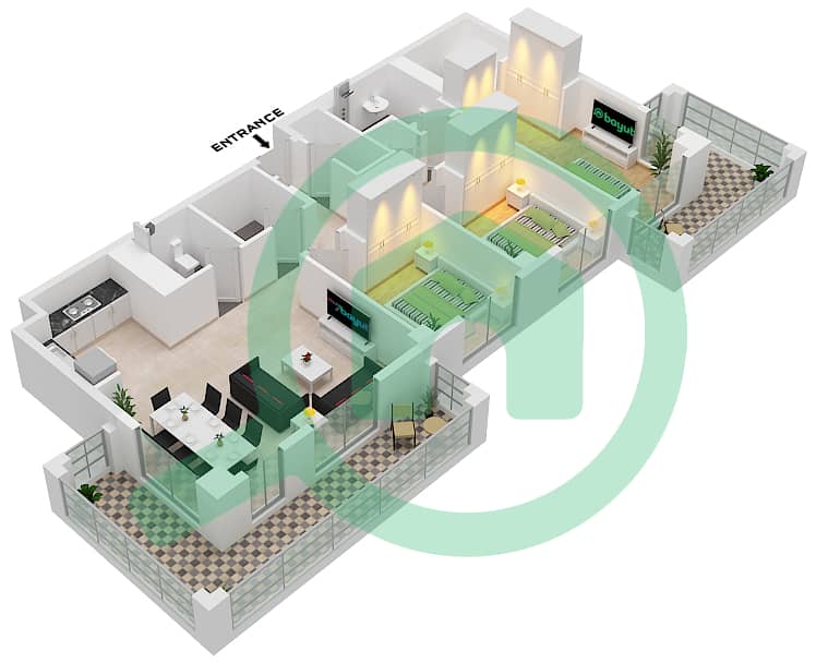 Лотус - Апартамент 3 Cпальни планировка Единица измерения 08-FLOOR 2-9 Floor 2-9 interactive3D